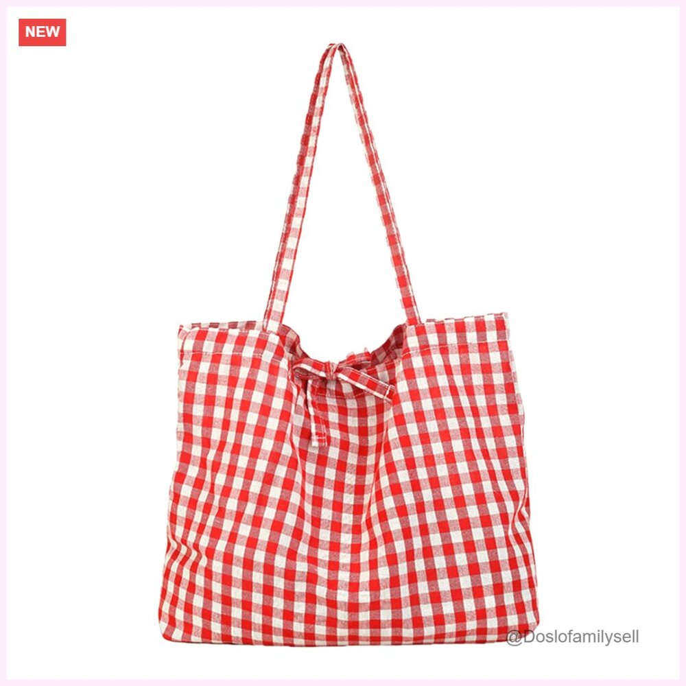 Large Capacity Gingham Tote Bag Lightweight Vintage Shoulder Bag